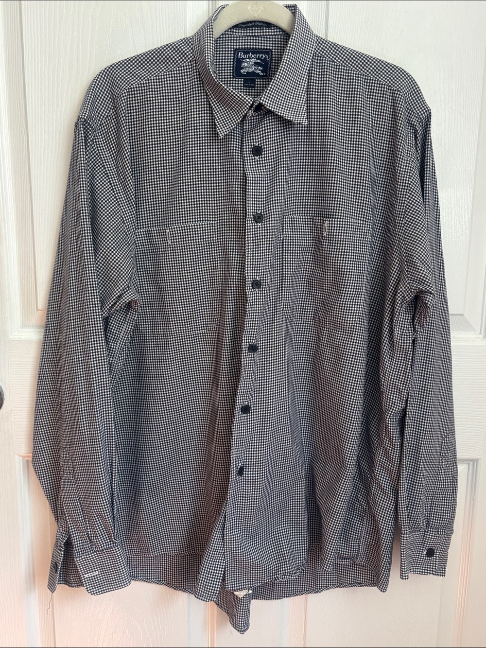 Vintage Burberrys Black and White Micro-Check Long Sleeve Button-Down Shirt Sz L